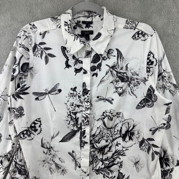 Talbots Top Womens 14 White Butterflies Button Front Shirt Long Sleeve Collared - Picture 3 of 14